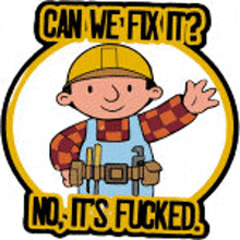 bob the builder is wearing a hard hat and apron and holding a hammer and wrench .