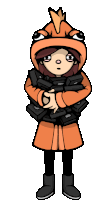 a cartoon of a girl wearing an orange fish hooded jacket