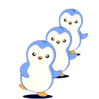 three blue and white penguins are standing in a row with their arms outstretched