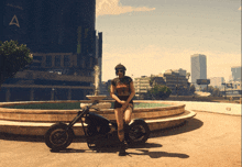 a woman stands next to a motorcycle in front of a building that says arcades