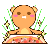 a cartoon of a teddy bear holding a pizza