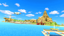 a wii airship is flying over a cartoon landscape