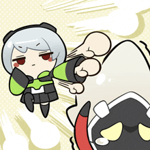 a cartoon drawing of a girl in a green and black outfit being punched by a monster