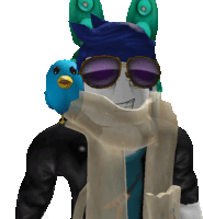 a cartoon character wearing sunglasses and a scarf has a blue bird on his shoulder