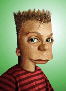 a cartoon character with a very large nose and a red striped shirt