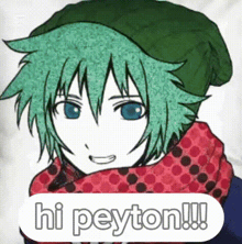 a cartoon character with green hair and blue eyes is wearing a green hat and a scarf .