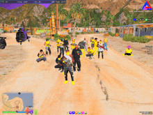 a group of people are standing on a dirt road in a video game that says east side vagos