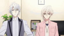 two anime characters standing next to each other with a clock on the wall with the number 7