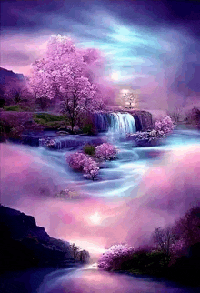 a painting of a waterfall with pink flowers