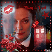 a picture of missy de flint is surrounded by red flowers and butterflies