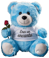 a blue teddy bear with a white shirt that says eres un encanto