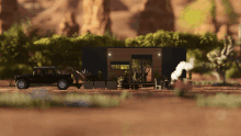 a jeep is parked in front of a small house in the desert