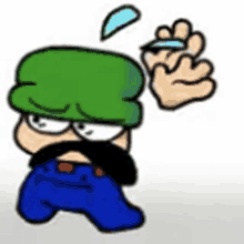 a cartoon character with a green hat , mustache , and blue jeans is holding a remote control .