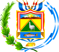 a colorful coat of arms with a llama and a fish