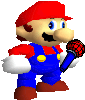 a cartoon of mario holding a microphone with a red ball on it