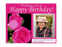 a happy birthday card with a picture of a woman and flowers