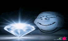 a cartoon character with glasses is smiling next to a large diamond