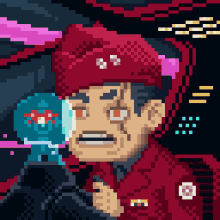 a pixel art of a man with a red hat