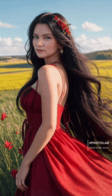 a woman in a red dress is standing in a field