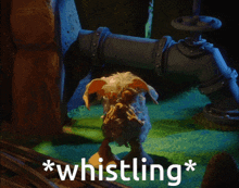 a cartoon character is standing next to a pipe and the word whistling is on the bottom right