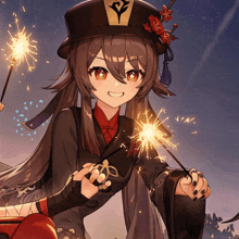 a girl in a hat is holding a sparkler in her hand