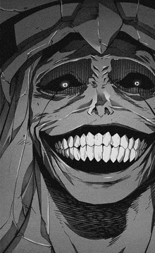 a black and white drawing of a monster with a large smile on his face