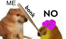 a dog is holding a baseball bat with the word bonk on it