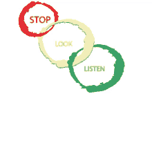 three circles with the words stop look and listen in them