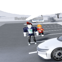 a white car is parked in a parking lot next to two roblox characters