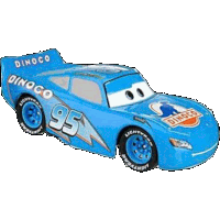 lightning mcqueen from the movie cars is a blue race car with a lightning bolt on it .