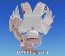 a cartoon character is flying through the air with the words haiiii chat : 3 on the bottom .