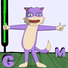 a cartoon of a purple cat holding a green stick and pointing