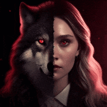 a woman with half a wolf and half a human face