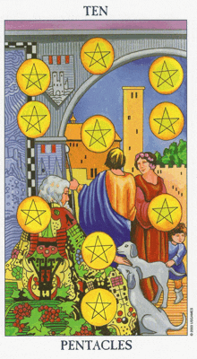 a tarot card shows the ten pentacles with a castle in the background