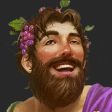 a man with a beard and a bunch of grapes on his head .