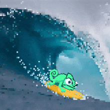 a pixel art of a chameleon on a surfboard riding a wave