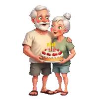 a man and woman are holding a cake with candles on it