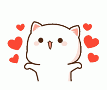 a cartoon cat is surrounded by red hearts on a white background .