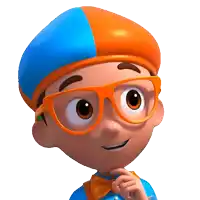 a cartoon character wearing glasses and a blue hat