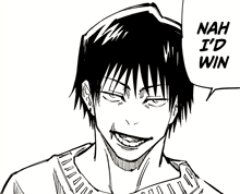 a black and white drawing of a man with a speech bubble that says `` nah i 'd win ''