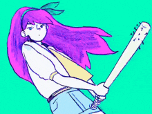 a drawing of a girl with purple hair holding a bat .
