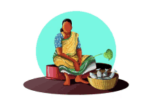 a painting of a woman sitting next to a basket full of fish