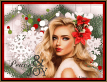 a painting of a woman with a poinsettia in her hair and the words peace and joy