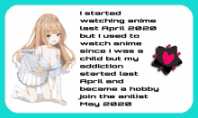 a picture of a girl with the words i started watching anime last april 2020