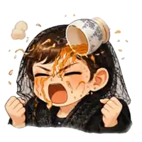 a cartoon of a girl with a cup of liquid poured on her head