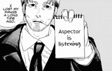 a man in a suit and tie is holding a notepad that says i lost my fangs a long time ago