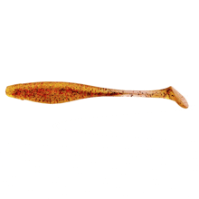 a yellow and red fishing lure with a long tail