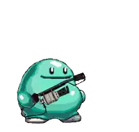 a pixel art of a cartoon character holding a gun with a flame coming out of it
