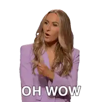 a woman in a purple jacket says oh wow in white letters