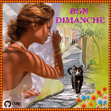 a picture of a woman and a cat with the words bon dimanche on the bottom